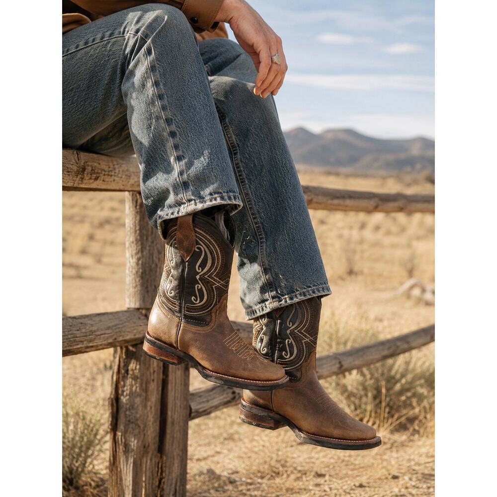 Madison Western Cowboy Boots Brown Leather Square Toe Men’s 8